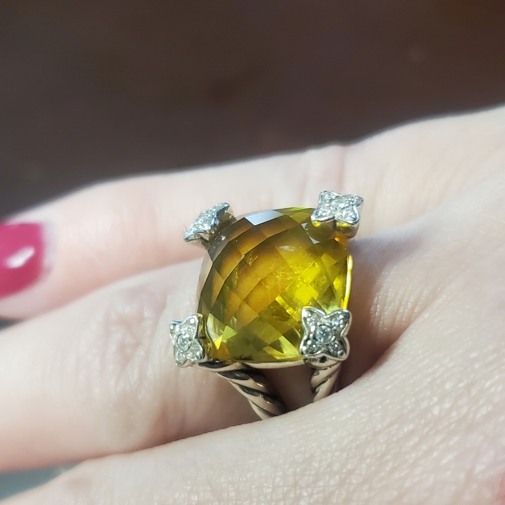 David Yurman Cushion On Point Citrine With Diamonds Ring 14mm Size 7